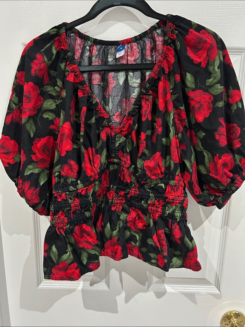 Old Navy Black Top with Red Rose Print